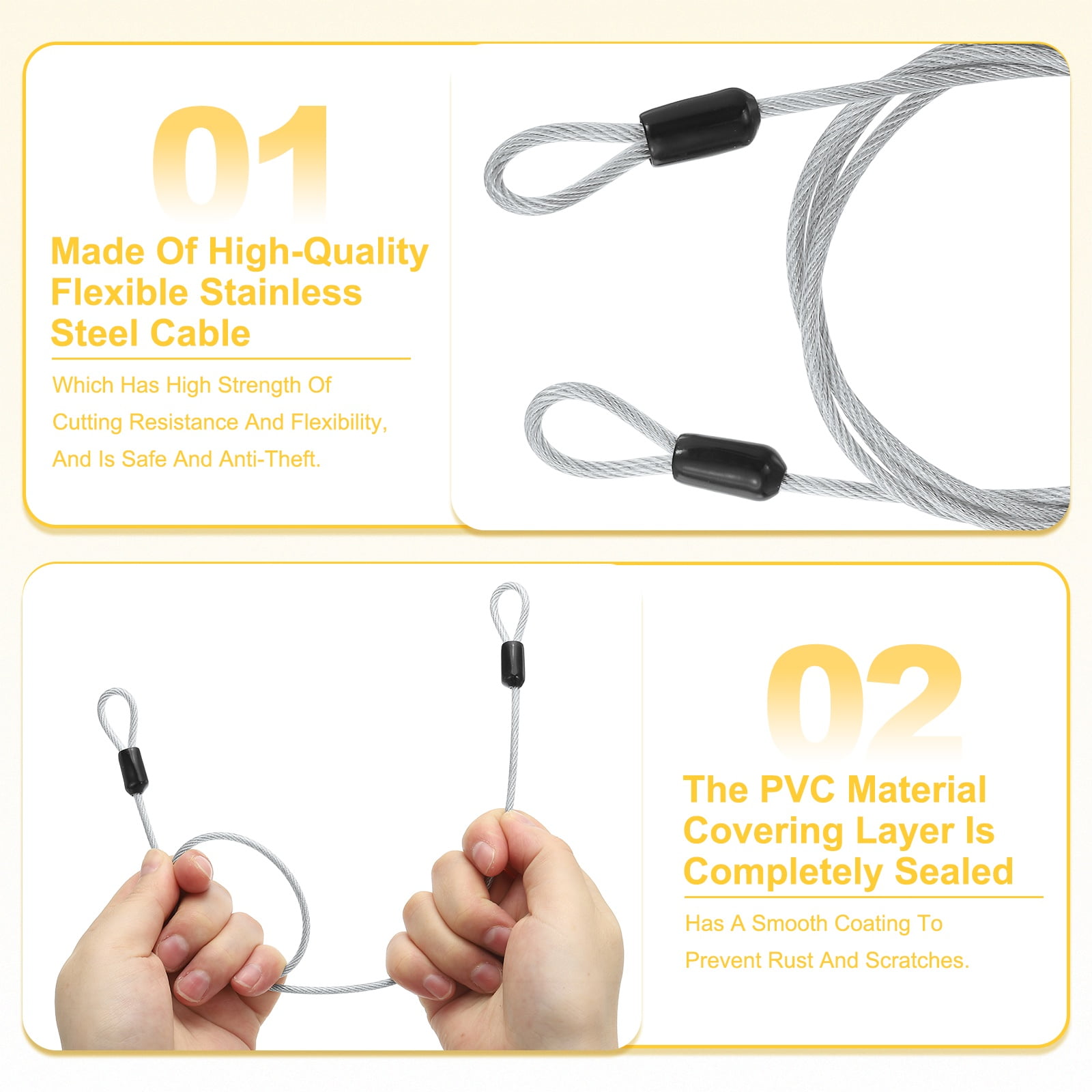 Uxcell Security Cable Braided Stainless Steel Coated Safety Wire Rope with Double Loop for Travel Luggage Bicycle Lock Cable Transparent 3 ft x 1/8"(3mm)