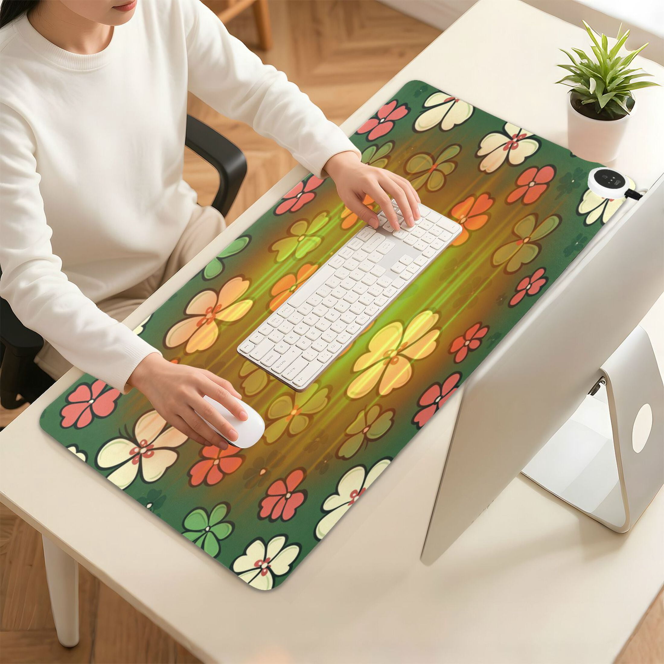 Wobogo Colorful Clovers Heated Mouse Pad Extra-Large Desk Mat With 3 Heating Levels and 3-hour Auto Shut-Off Protection Ideal for Computer Keyboards Home Office Hand-warming Essential 31.5in × 13in