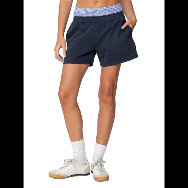 Pantalones Cortos Deportivos para Mujer, Informales, de Verano, con Cuadros Cosidos, Cintura Alta, para Correr y Descansar, con Bolsillos Azul Oscuro XL