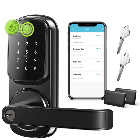 IRONZON Keyless Entry Door Lock, Fingerprint Deadbolt Front Door Lock with Keypad & Fingerprint, Smart APP, IC Card , Easy Install Smart Door Knob & Handle