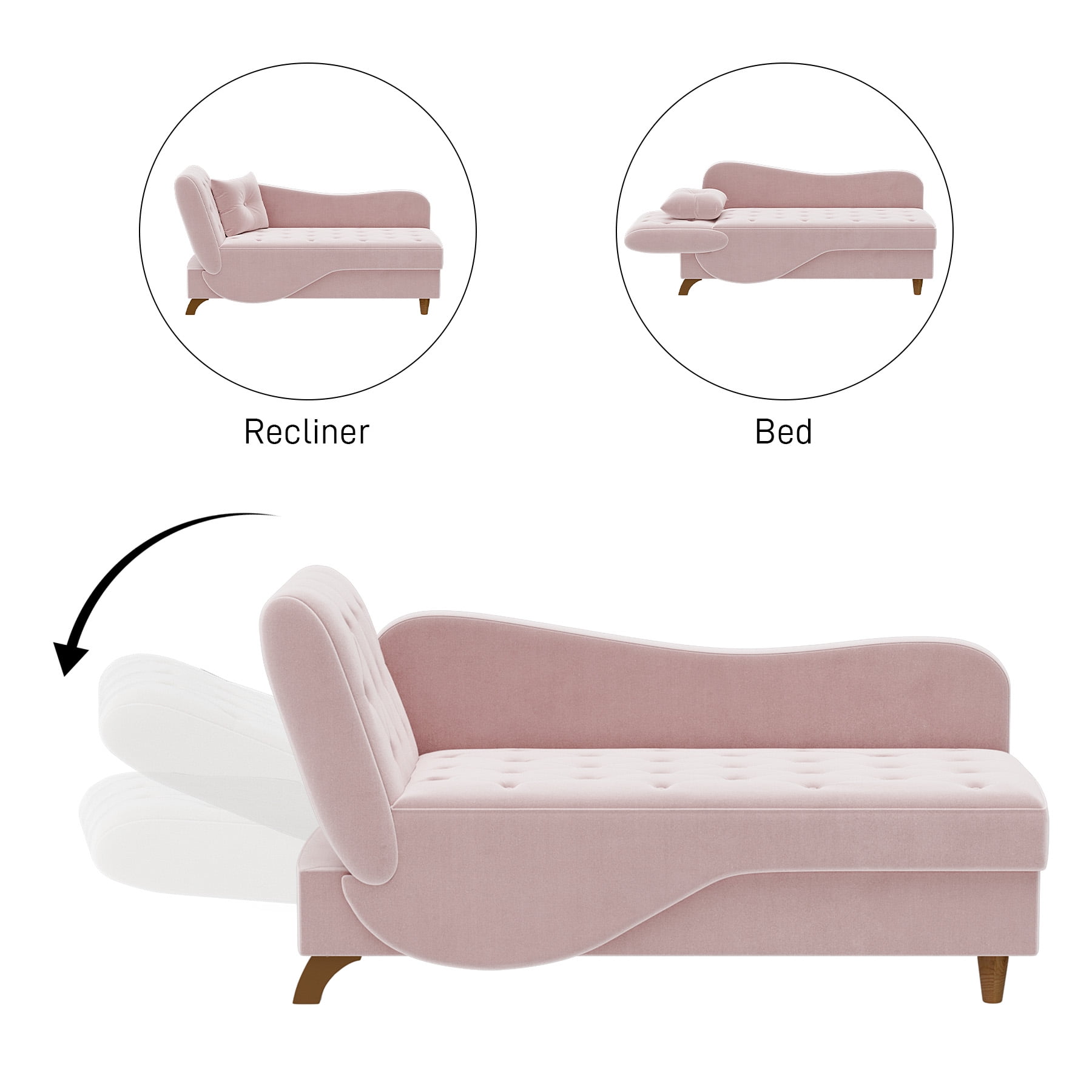 Wiilayok Chaise Lounge Indoor Furniture with Storage,Adjustable Sleeper Sofa Lounge Chair,Velvet Futon Couch Bed,Pink