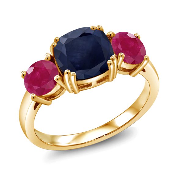 Gem Stone King 18K Yellow Gold Plated Silver Blue Sapphire and Red Ruby 3 Stone Engagement Ring for Women (3.92 Cttw, Gemstone September Birthstone, Cushion 8MM, Size 5)