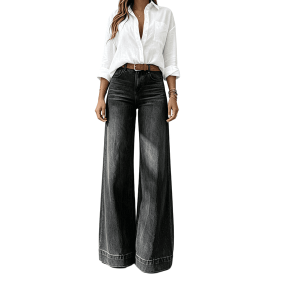 Women's High Waisted Wide Leg Jeans Black Denim Baggy Casual Pants