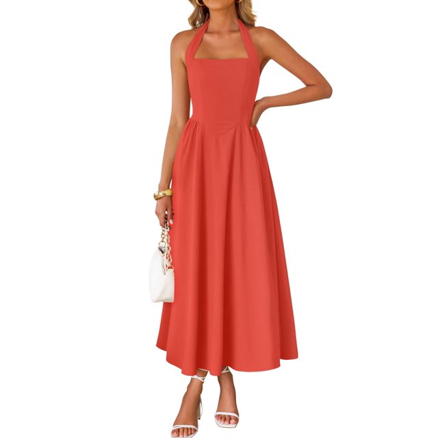 Vestido de verano ZESICA, sin mangas, halter, midi, color rojo sandía
