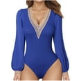 thumbnail image 1 of FAIWAD Women's Puffy Long Sleeve Short Jumpsuit Deep V Neck Lace Splicing Slim Stretch Rompers, 1 of 4