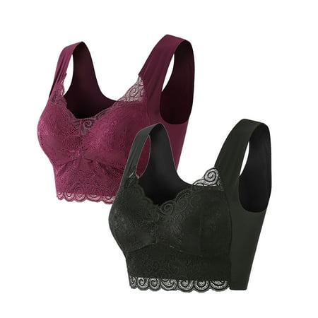 ATOYSOY Women s 2 Pack Plus Size Everyday Bra Slim Basic Tank Tops Lace Splicing Small Cup Wirefree Breathable Push Up Bralette Comfort Bra Underwear Teens Clearance Black XXXL