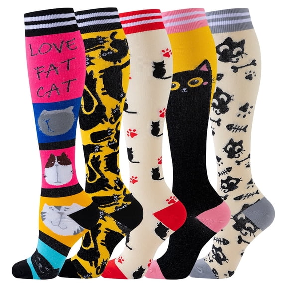 5 Pairs Animal Cat Printed Compression Socks For Men Women Oudtoor Sports Knee High Leg Support Stocking