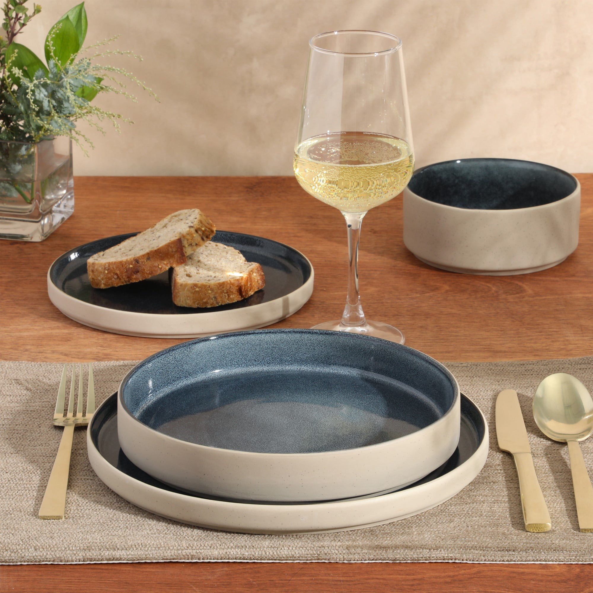 Gibson Elite Liberty Bay 16-Piece Pottery Clay Stoneware Dinnerware Set – Blue Reactive Glaze, Stackable Plates and Bowls W/ Pasta Bowl, Service for 4 – Microwave & Dishwasher Safe