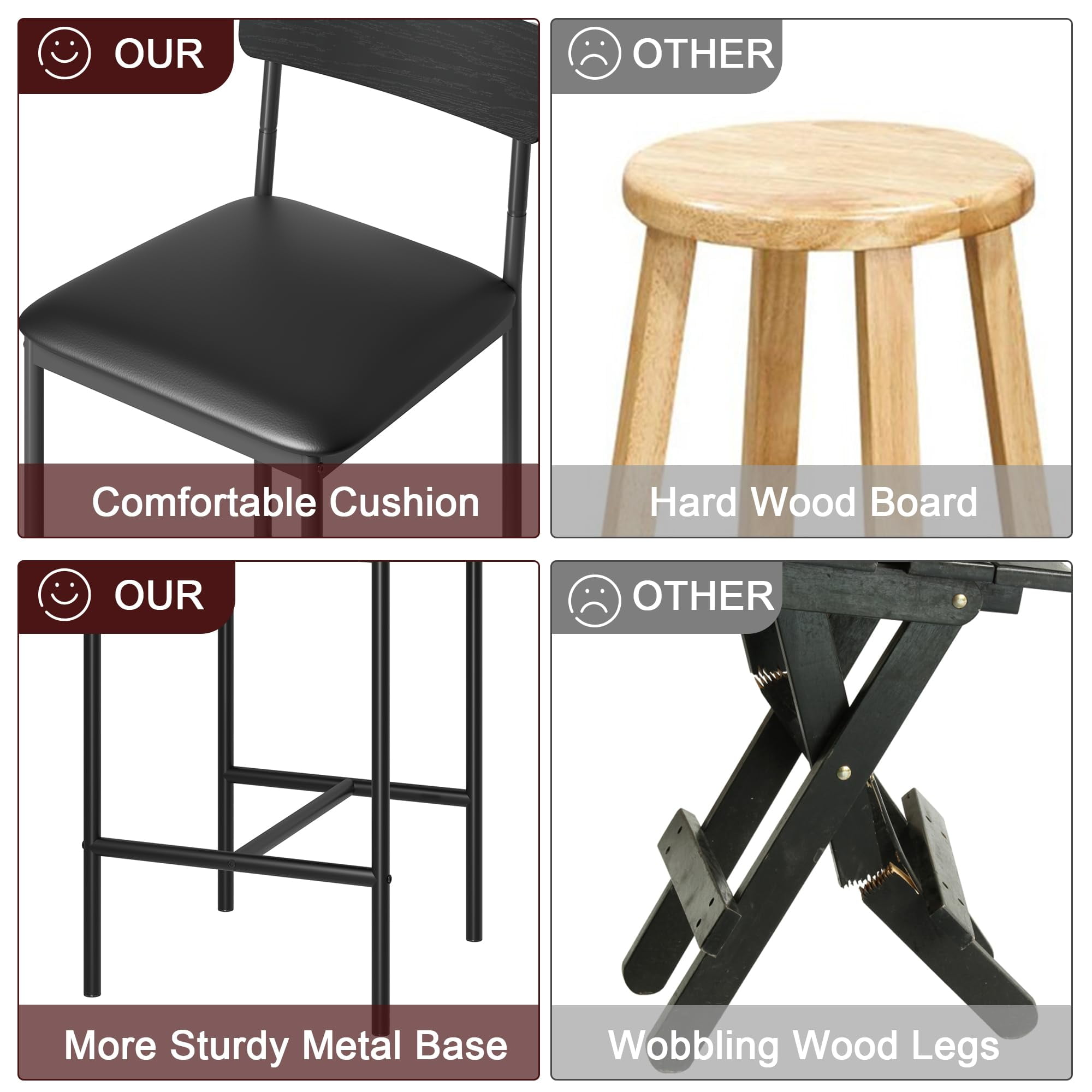 Fanciabor Counter Height Bar Stools with Back and Footrest, PU Upholstered, Rustic Black (Set of 2)