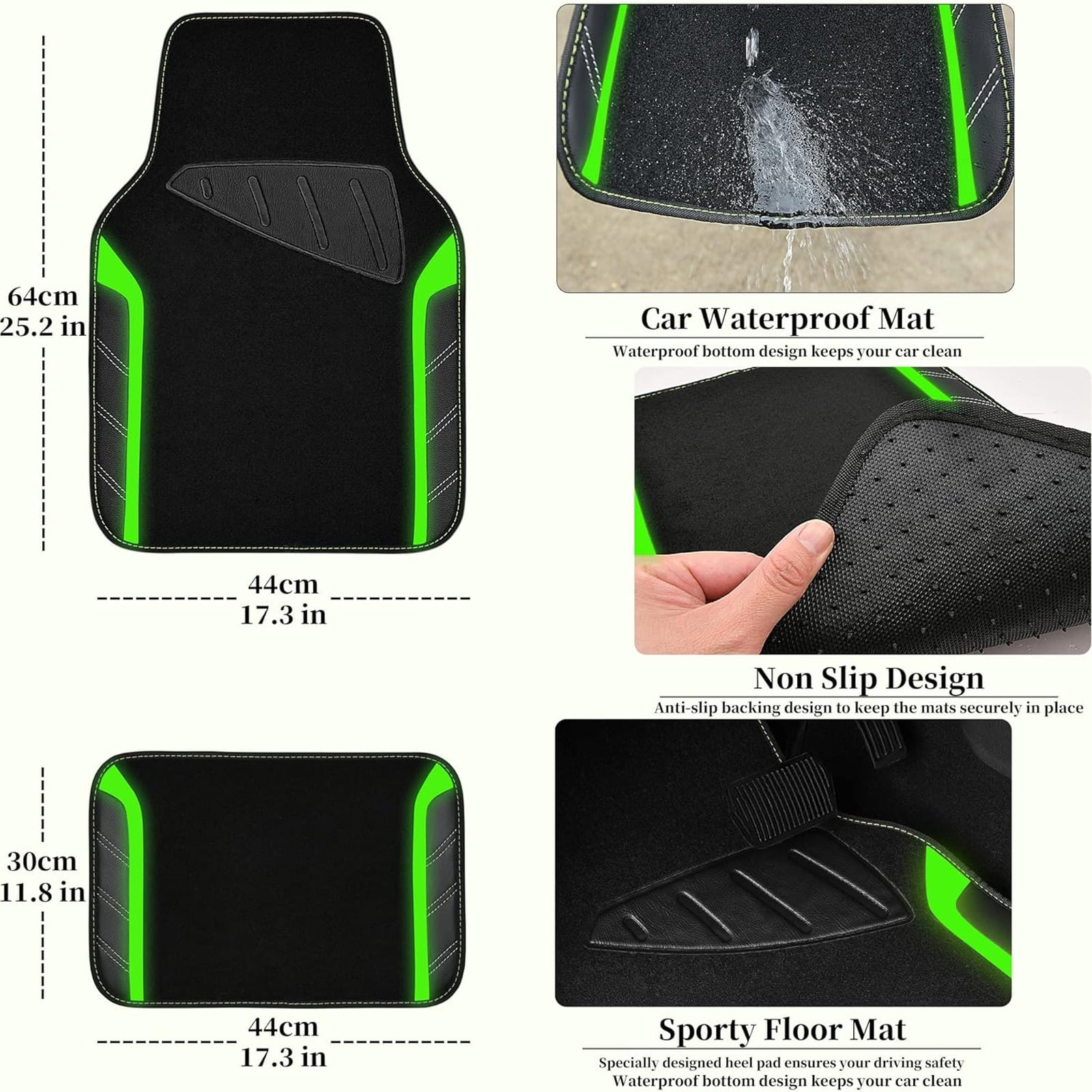CAR GRAND Leather Steering Wheel Cover and Waterproof Carpet Car Floor Mats,Universal Fit Combo Pack Sedan,SUV,Cars, 14.5" to 15" Sporty Anti-Slip Fluoresence  Green