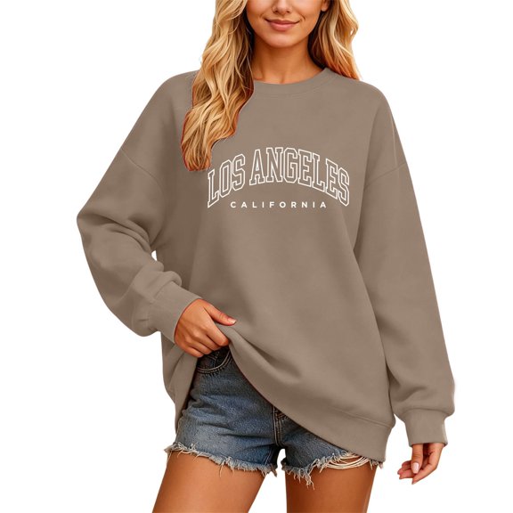 WEIWEN Los Angeles California Sweatshirt for Women Dressy Casual Long Sleeve Shirts for Women Oversized Tops Loose Fit Fall Workout Sweaters Women's Fashion Clothing Coffee, S