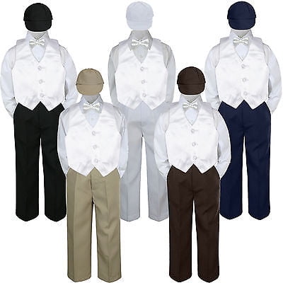 

5pc Boy Suit Set White Vest Bow Tie Baby Toddler Kid Formal Hat Pants S-7