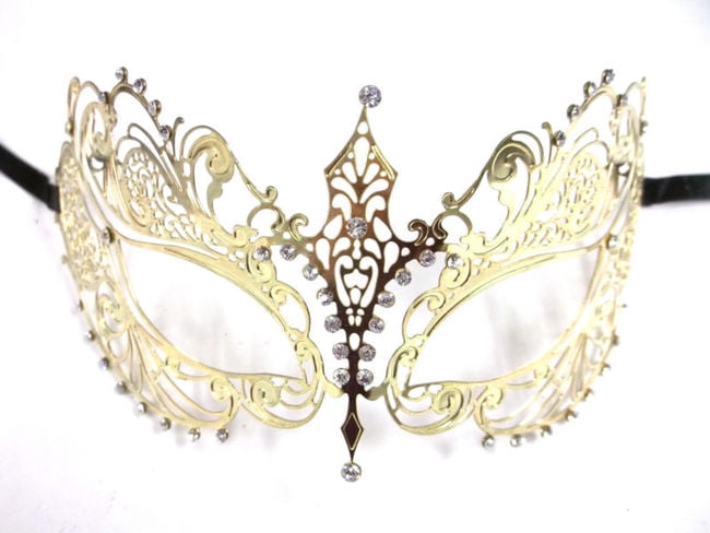 Charming Gold Venetian Masquerade Metal Mask with Clear Rhinestones 
