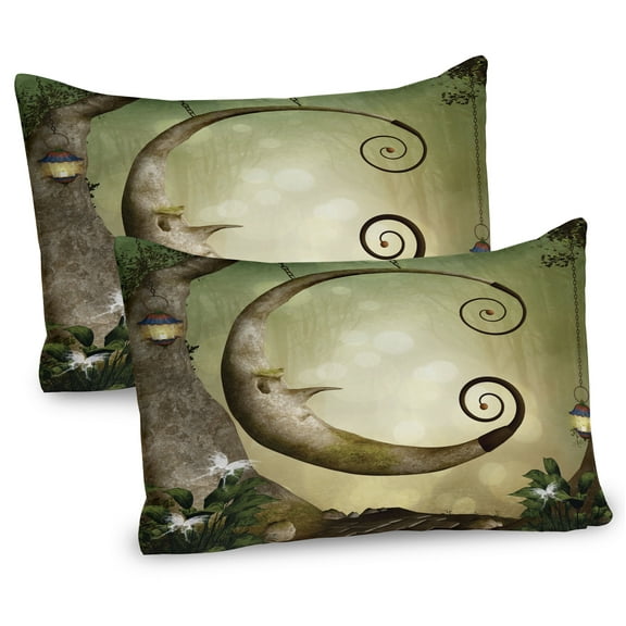 Ambesonne Tree Pillow Sham 2 Pack, Hanging Wooden Crescent, 26"x20", Green Green Brown