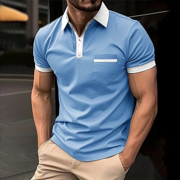HOOMEUMY Men's Golf Shirts Classic Solid Shirts Turndown Collar Tops Stylish Slim Fit Casual Blouse Workout Summer Basic Short Sleeve Basic Tees 2025 Trendy Blue XL