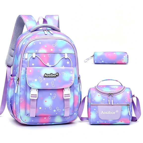 Aezusy Girls Backpack Set, 3-Piece Kids School Backpack with Lunch Bag and Pencil Case, Cute Bookbag for Elementary School, Lightweight Water-Resistant School Bag, Purple