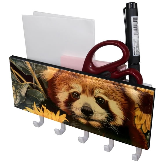 PhooArto Key Holder for Wall Decorative with 5 Key Hooks, Cute Red Panda Sunflowers Holders Wall Mount Organizer with Mail Key Rack, Self Adhesive