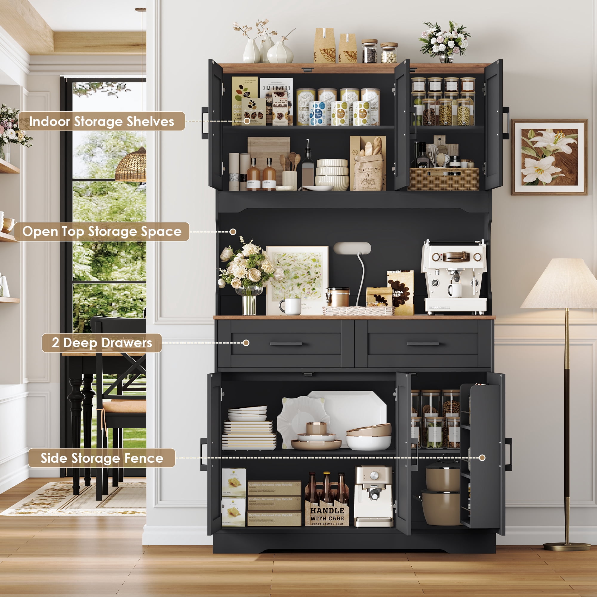 Homfa 74"H Pantry Cabinet with Hutch, Tall Kitchen Storage Cabinet with Microwave Stand and Drawers for Living Room, Dining Room, Black