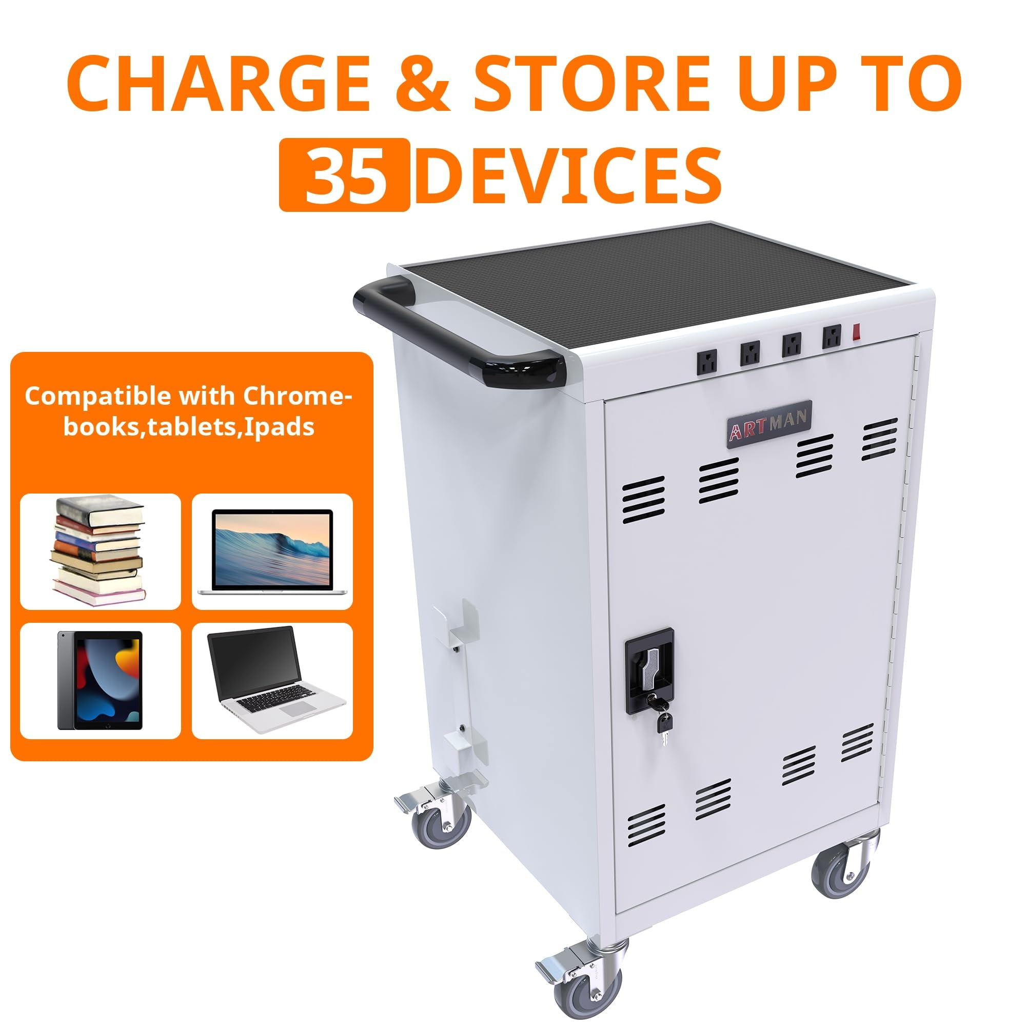 Aukfa 35-Unit Mobile Charging Cart, Classroom Locking Charging Station up to 16-inch Chromebooks and Laptop, White