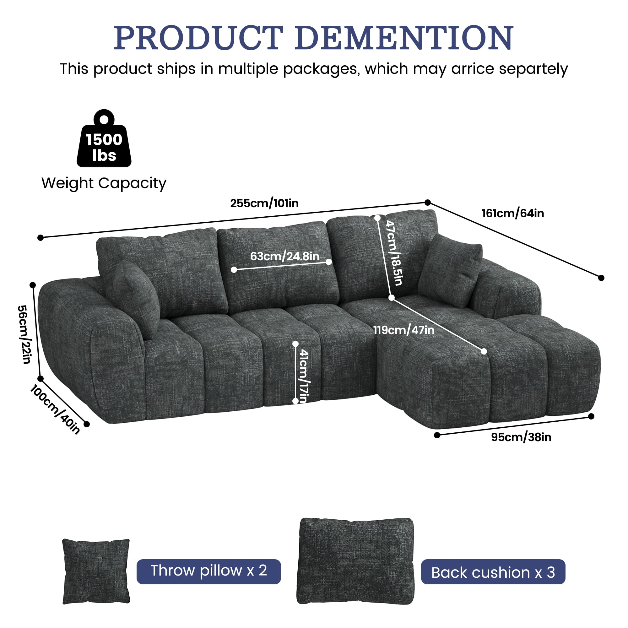 101” Modular Sectional Sofa, Cloud Sectional Couch with Deep Seat, Modern Modular L-Shape Sofa Couch with Chaise,Upholstered Boneless Couches for Living Room Bedroom(Deep Gray)