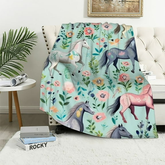ARISTURING Horse Throw Blanket Super Soft Warm Floral Horse Blanket for Girls Kids, Cozy Plush Farm Stuffed Animal Horse Gifts Bedding Blanket for Women Bed Couch Sofa