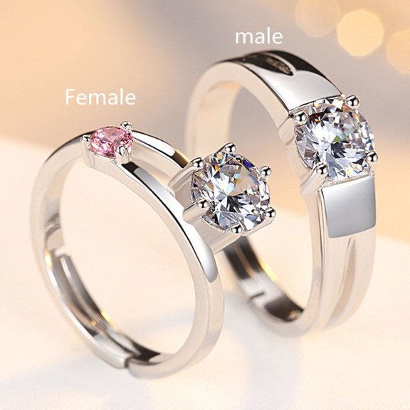 Sterling Silver Couple Rings, 925 Silver Heart Shape Electroplated Rings Inlaid with Gems for Men and Women