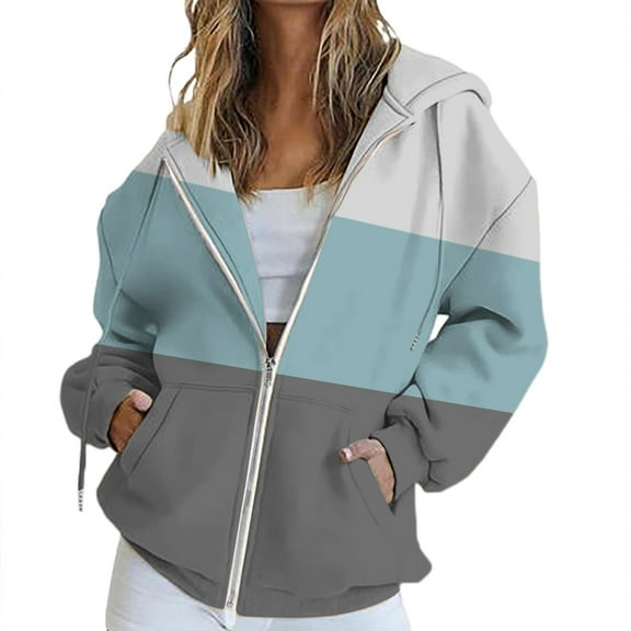 BODOAO Women's Full Zip Up Hoodie Fall Jacket Oversized Sweatshirt Zipper Long Sleeve Tops Color Block Long Sleeve Hooded Sweatshirts with Pockets Jacket Coat for Women Blue L