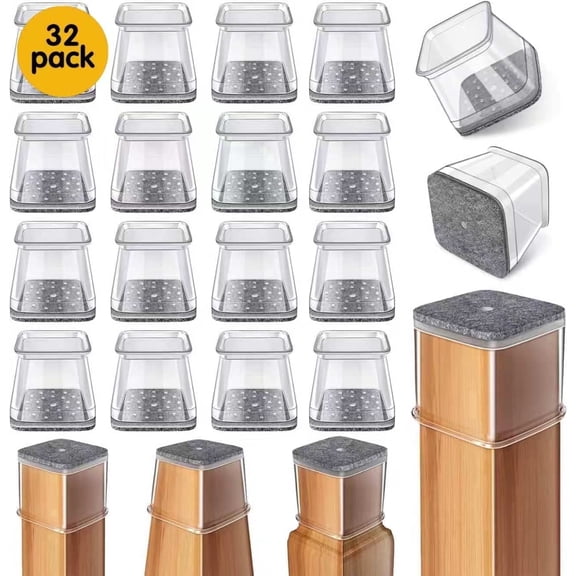 32Pcs Square Chair Leg Floor Protectors, Clear Silicone Furniture Leg Caps with Felt Pad, Anti-scratch Floor Slider Covers for Hardwood Floors