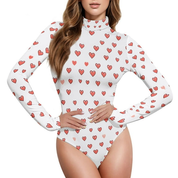 joogoo Cute Hearts Women's Mock Turtle Neck Long Sleeve Bodysuit L
