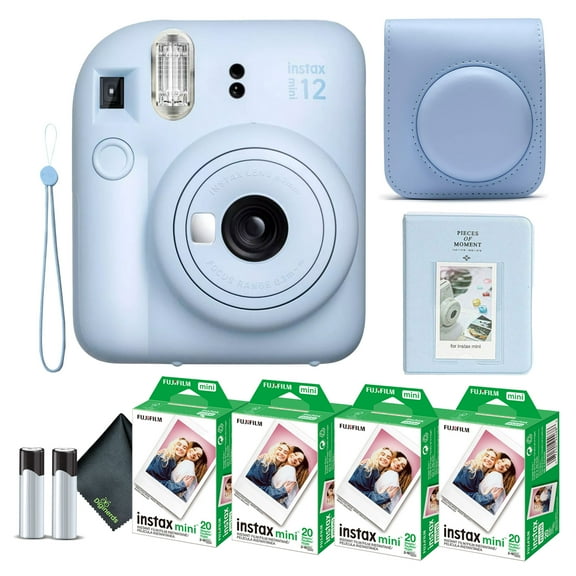 Fujifilm Instax Mini 12 Instant Camera Pastel Blue Bundle with Fuji Instax Mini Film Value Pack (80 Sheets)   Protective Carrying Case   Photo Album   Microfiber Cleaning Cloth