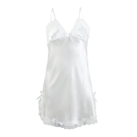 Women Sexy Satin Lace Trim Sleepwear Nightgown Pajama Slip Dress White ...