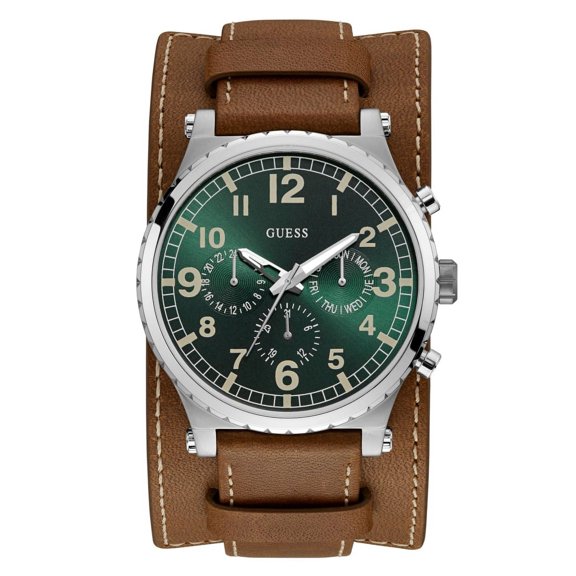 GUESS Men's Stainless Steel Quartz Leather Calfskin Strap Watch U1162G1