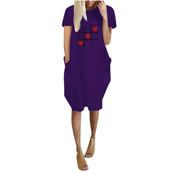 asdoklhq Womens Plus Size Clearance Dresses,Women's Drees Love Printing Casual Pocket Short Sleeve Round Neck Dress