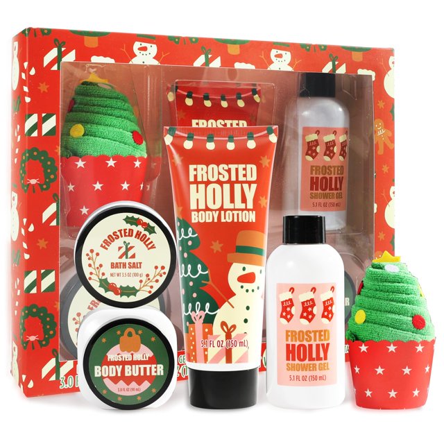Set de Regalo de Baño de Navidad para Mujer Set de Regalo de Baño y Cuerpo de 5 Piezas Rellenos de Medias Navideñas con Gel de Ducha Loción Corporal Mini Toalla Regalos de Cumpleaños para Mujer