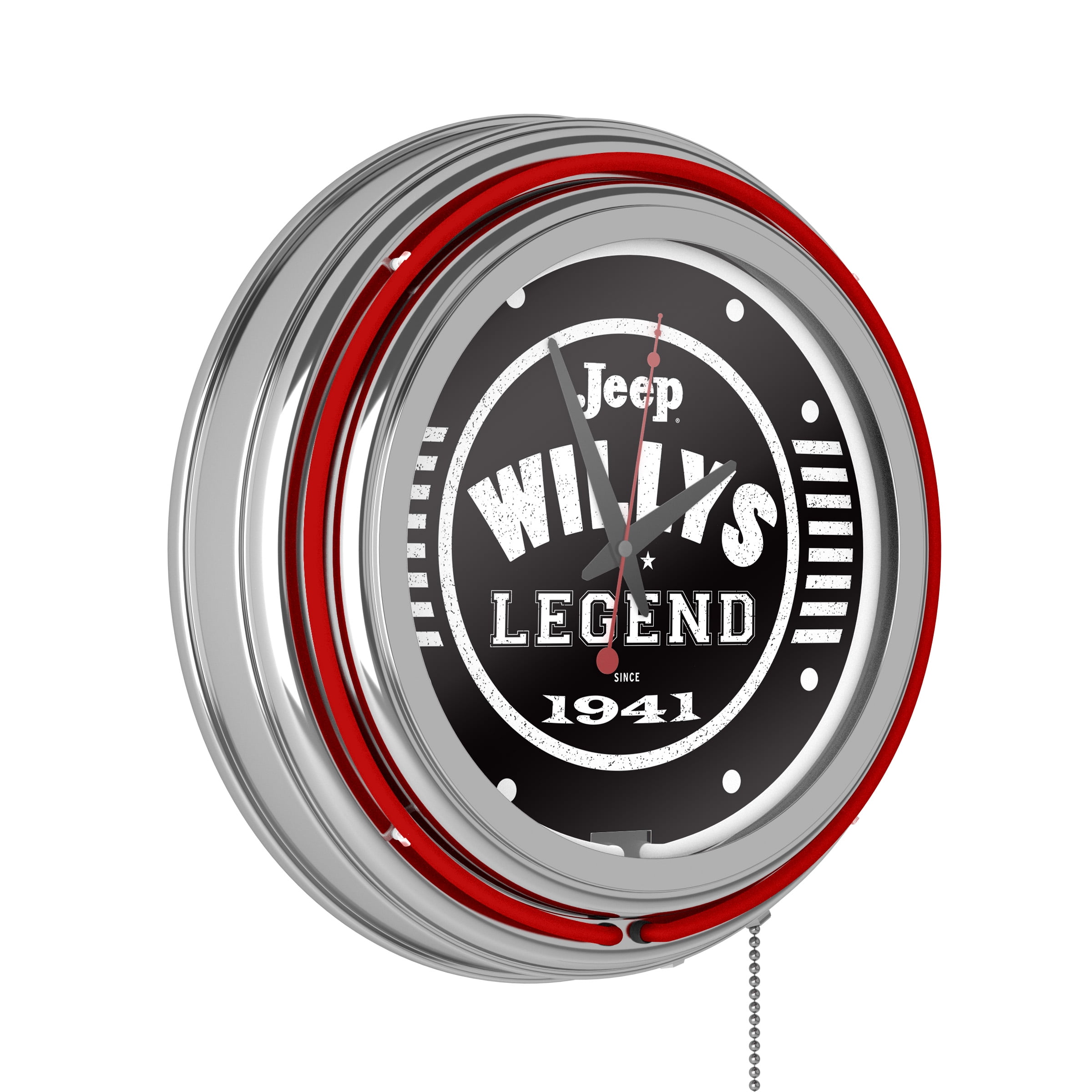 Neon Wall ClockJeep Willys Legend Black Double Rung Analog Clock with Pull ChainPub, Garage