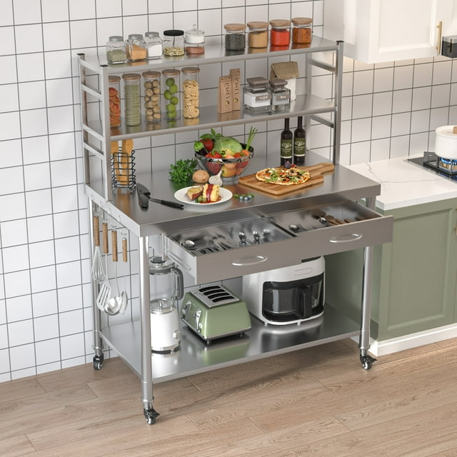 YODOLLA Table en Acier Inoxydable 48"x24 Pieds' avec Étagères et Tiroir, Table de Préparation Commerciale avec Tablettes Réglables pour Cuisine, Restaurant, Garage