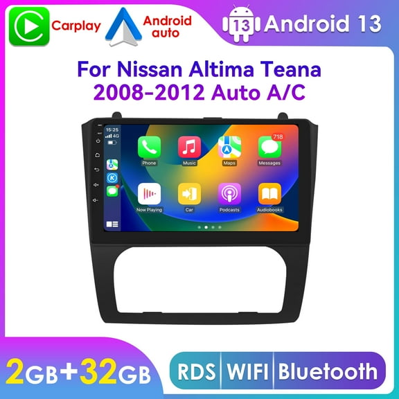 For Nissan Altima Teana With Auto AC 2008 2009 2010 2011 2012 Android 13 Bluetooth Wireless Apple Carplay 2 32GB Wifi RDS Car Stereo Radio Head Unit GPS Navigation Player