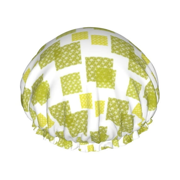 YFYANG Women's Double Waterproof Shower Cap, Green Rectangular Textured Pattern Reusable Hair Cap for All Hair Styles and Head Sizes