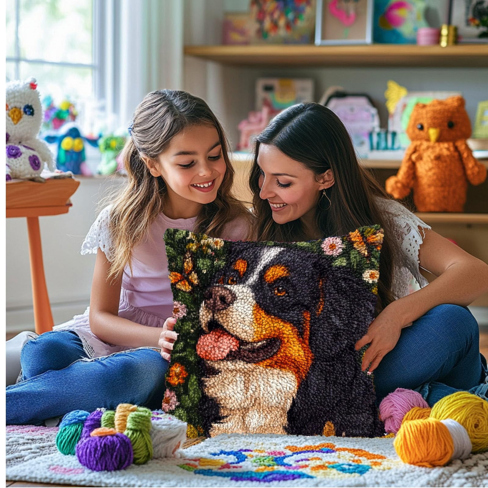DIY Latch Hook Pillow Kits for Adults Bernese Mountain Dog and Butterfly Printed Pillowcase Crochet Yarns Hooking Handmade Pillow Cover Cushion for Home Sofa Decoration 17x17inch(3)