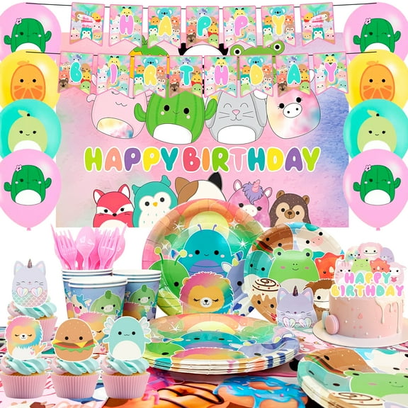 Squishmallow Birthday Decorations,Squishmallow Party Decorations & Squishmallow Party Tableware Set - Squishmallow Party Plates Cups Napkins Backdrop Balloons Banner etc Squishmallow Party Supplies