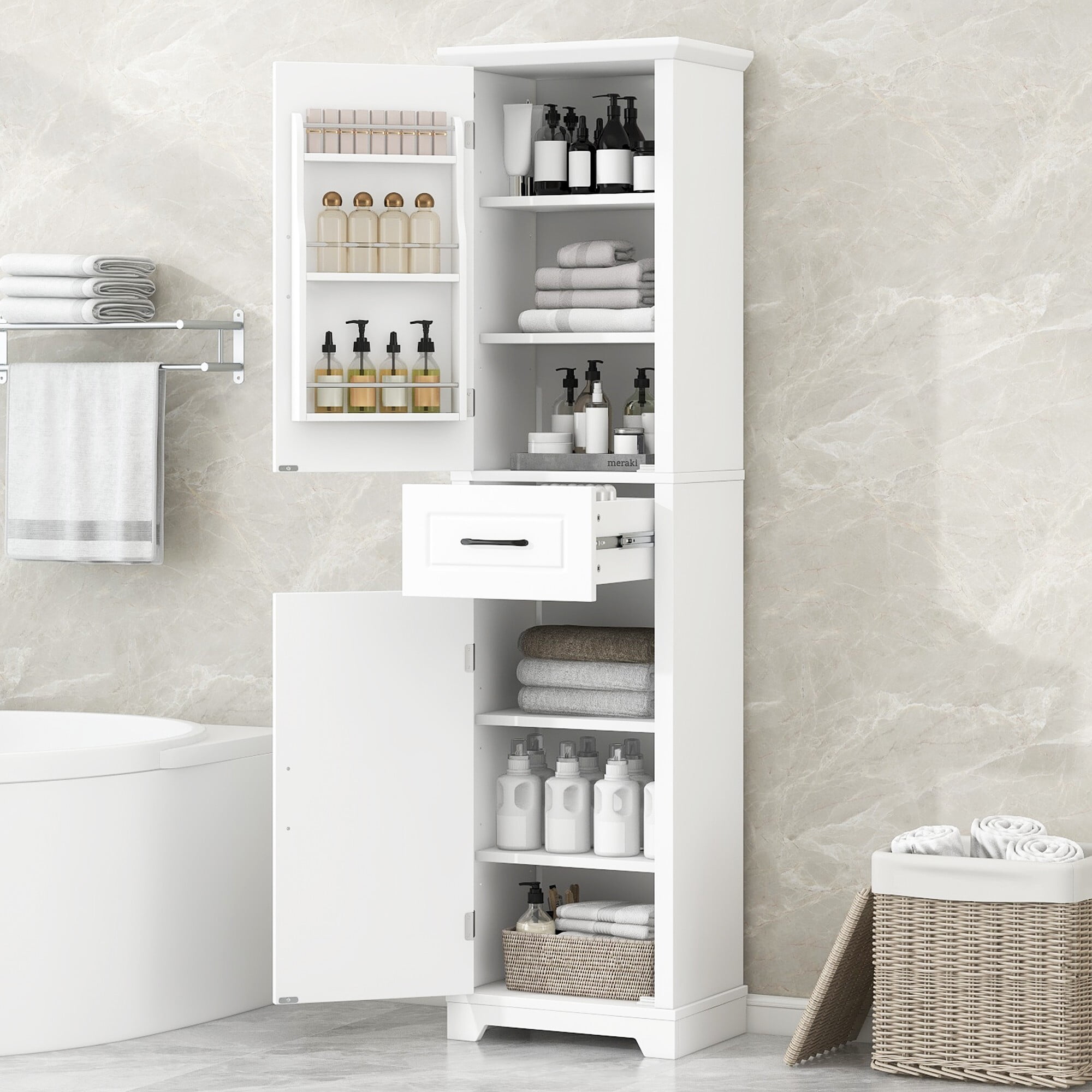 AENKYO 72.5" Tall Storage Cabinet with Adjustable Shelves & Drawer, Stylish Cabinet for Home, White
