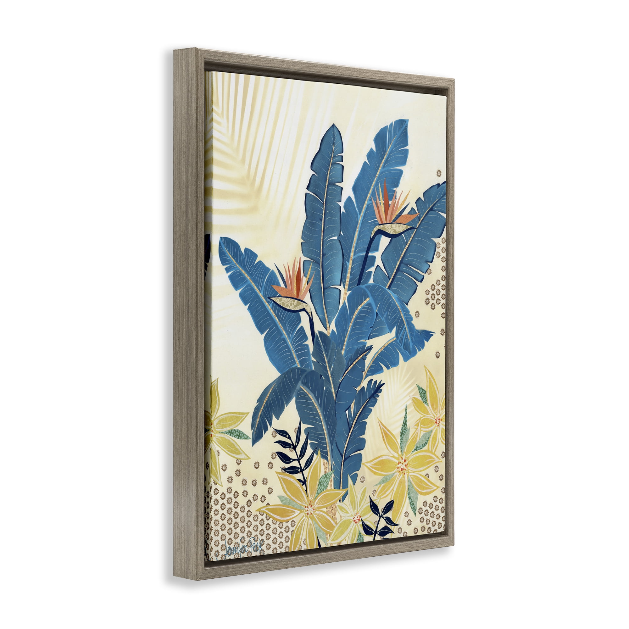 Stupell Industries Blue Birds Of Paradise Botanical & Floral Painting Brown Floater Framed Art Print Wall Art, 17 x 25