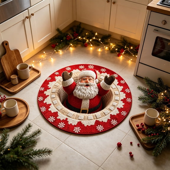 3D Optical Illusion Christmas Round Rug - 15.74 Inch Floor Mat with Non-Slip Backing for Christmas Tree Base Home Holiday Decor
