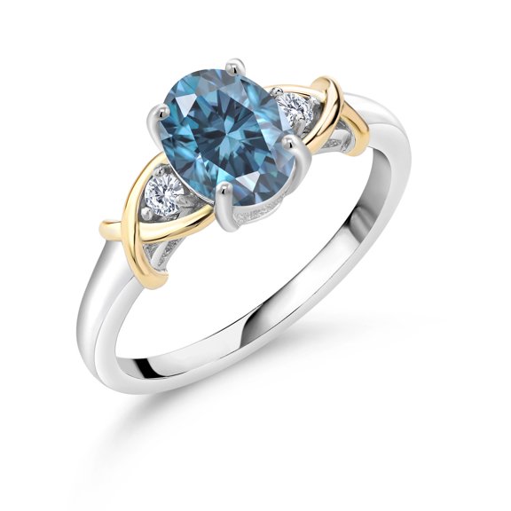 Gem Stone King 1.46 Cttw Persian Blue Moissanite and Lab Grown Diamond Ring for Women | 2 Tone 10K Yellow Gold and 925 Sterling Silver | Oval 8X6MM | Wedding Engagement Anniversary Ring | Size 7