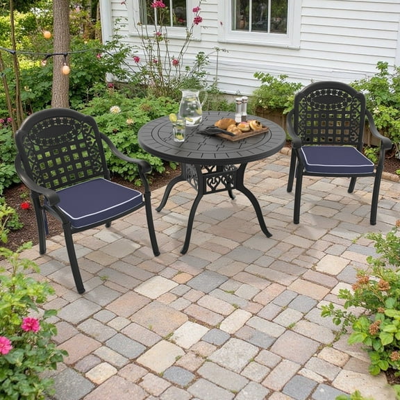 Hzzkey 3-Piece Weatherproof Outdoor Dining Set with Cast Aluminum Table and Blue Cushion Chairs