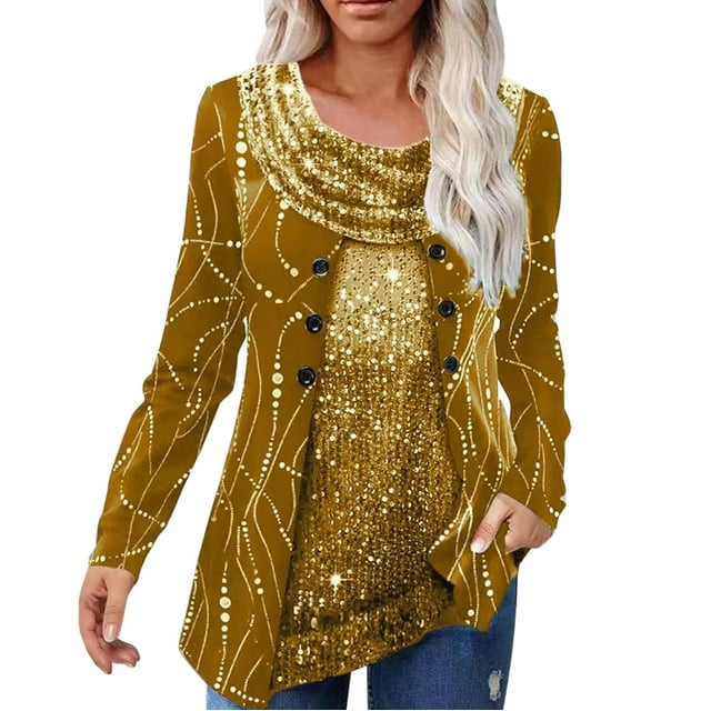 WEAIXIMIUNG T-Shirts Col en V pour Femmes Grande Taille Sexy Patchwork Perlé Manches Longues Deux Pièces