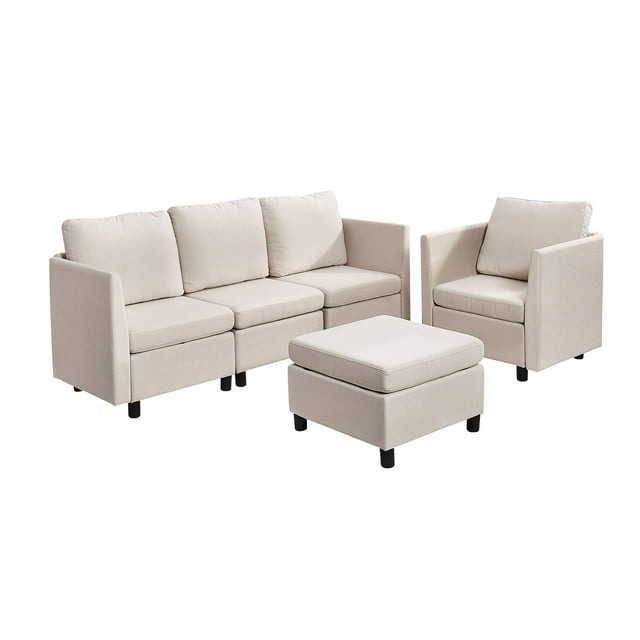 KFFKFF Canapé Sectionnel Modulaire, Canapé Modulaire Moderne 5 Places avec Rangement Caché, Canapé Sectionnel Nuage avec Éponge à Haut Rebond, Canapé Confortable Rembourré à Cadre en Bois Massif, Beige