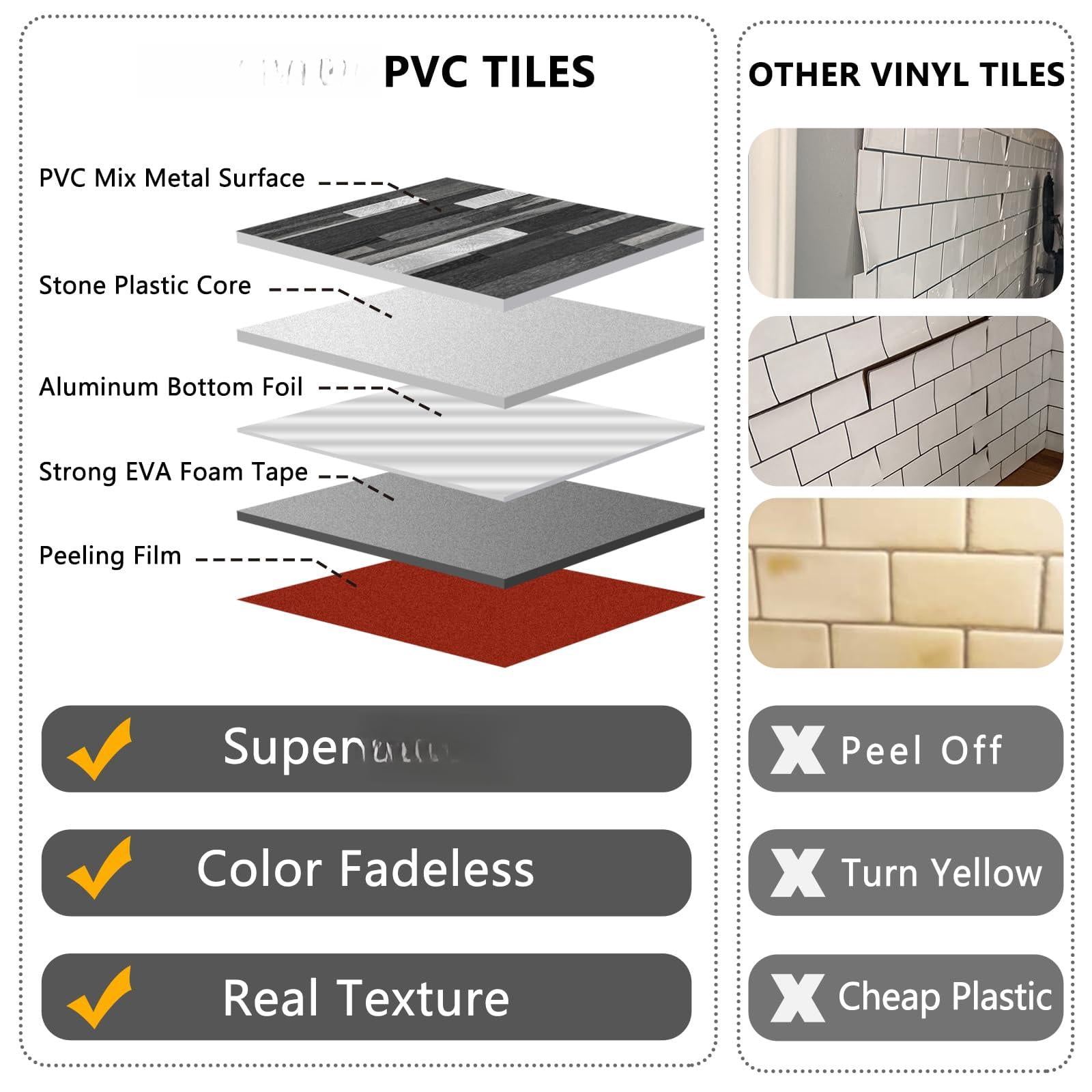 2 Sheets Peel And Stick Backsplash Tile  On For Kitchen Bathroom Black Grey Wood Look Pvc Mixed Metal Self Adhesive Wall Tiles