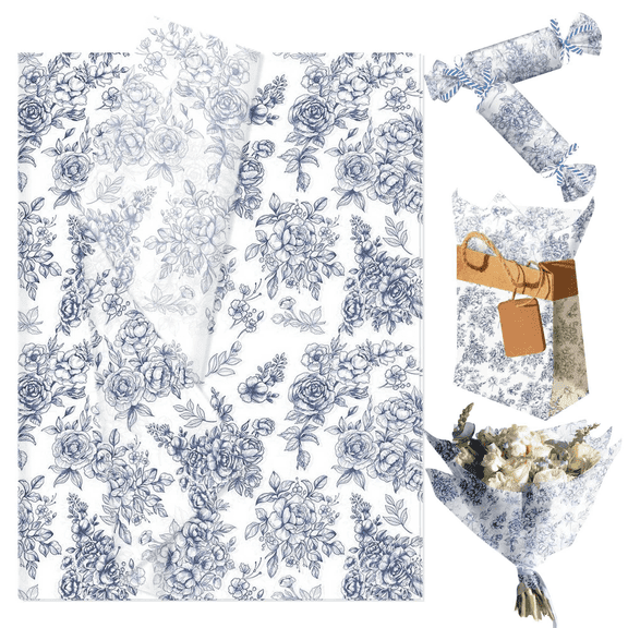 Blue Floral Tissue Paper - Vintage Elegant Hand-Painted Flower Design for Party Decor & Gift Wrapping
