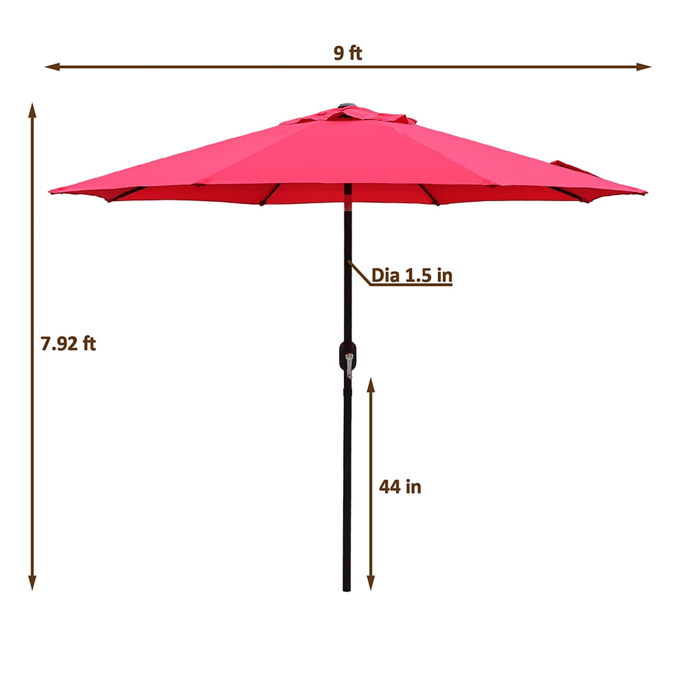 Kool Outdoor 9ft Patio Umbrella with Crank Handle and Push Button Tilt, Outdoor Market Umbrella with 8 Ribs - Red